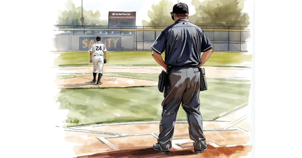 Illustrated umpire watching pitcher — featured image for Get Off My Lawn blog post.